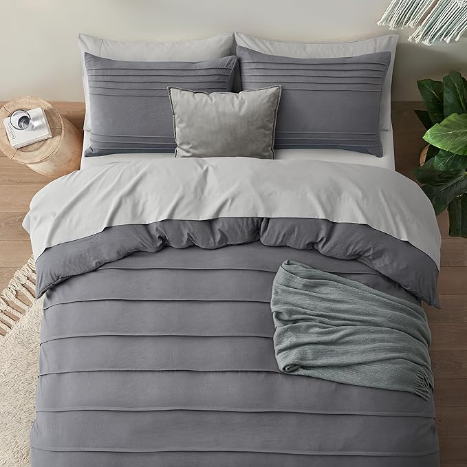 Oli Anderson Grey Duvet Cover Queen Size - Pleated Queen Duvet Cover, 3PCS Soft and Breathable Textured Bedding Set with Zipper Closure(Grey,90"x90")