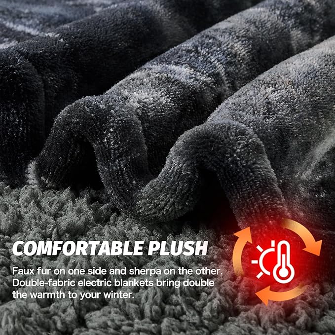 greenoak Heated Electric Blanket Full, Faux Fur Sherpa Heating Blanket for Sofa Bed, Warm Winter Gifts for Women/Men, Heater Lap Blankets 5-Position Timer &10 Heating Levels 72''*84" Black