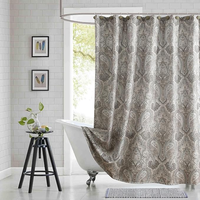 Fabric Shower Curtain 78 Inches Long, Taupe and Blue Paisley Print Shower Curtains for Bathroom, 72" W x 78" H