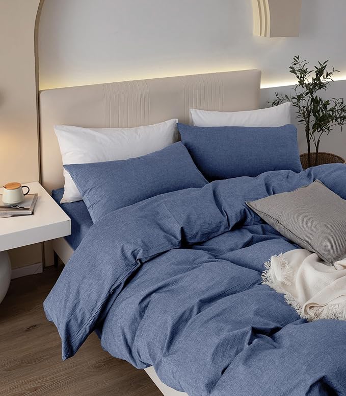 JIYUAN 100% Washed Cotton Duvet Cover Set 3 Pieces Oversized King, 1 Duvet Cover 120x98 Inches(Comforter Not Included) and 2 Pillowcases,Linen Like Comfy and Breathable,Heathered Blue