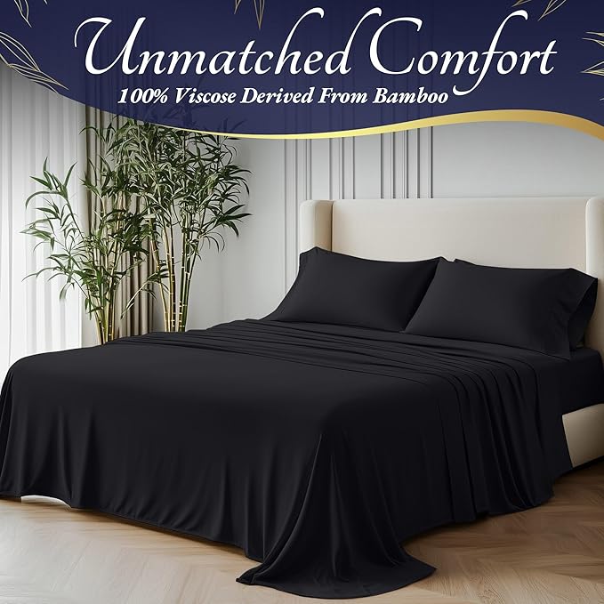 DECOLURE 100% Viscose Derived from Bamboo Sheets King Size 4pcs - Ultra Soft & Luxuriously Cooling, 17" Deep Pocket, Double Stitching, Perfect for Hot Sleepers - King Bed Sheets (Charcoal)