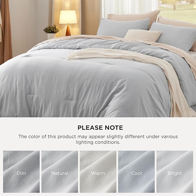 Bedsure Full Size Comforter Set, Light Grey Soft Prewashed Bedding for All Seasons, 3 Pieces GentleSoft™ Warm Down Alternative Bed Set, 1 Lightweight Comforter (82"x86") and 2 Pillowcases (20"x26")