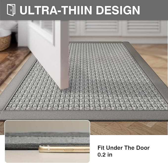 Ultra Thin Quick Dry Bathroom Rugs Mat 24x35, Non Slip Bath Mat Absorbent Bathroom Mat Floor Rubber Backed Fit Under Door, Woven Washable Bath Rugs, Gray