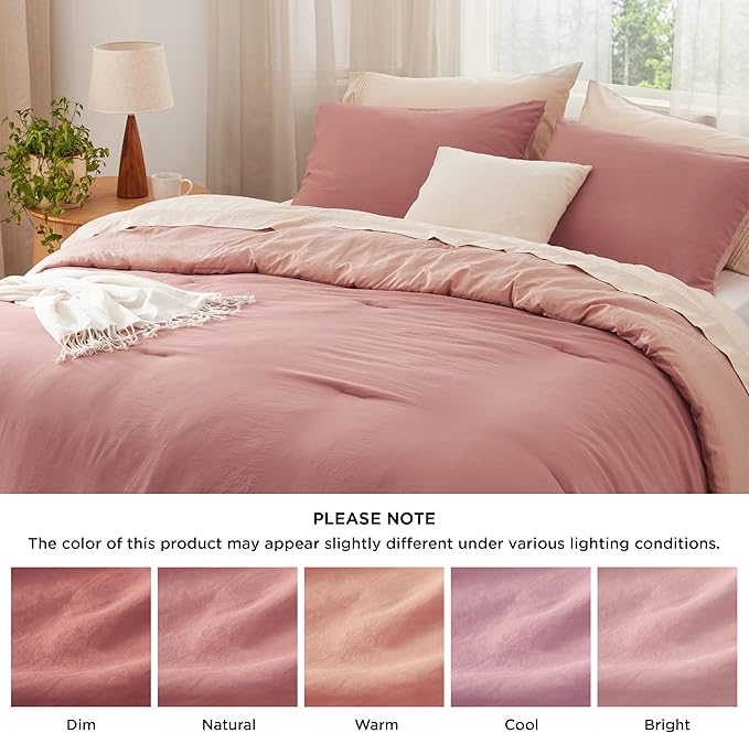 Bedsure Full Size Comforter Set, Reversible Pink Clay Soft Prewashed Bedding for All Seasons, 3 Pieces Warm Down Alternative Bed Set, 1 Lightweight Comforter (82"x86") and 2 Pillowcases (20"x26")