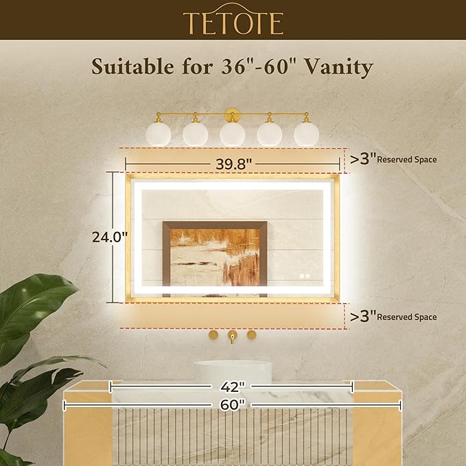 TETOTE 40 x 24 Led Mirror Brushed Nickel Metal Frame Frontlit & Backlit Vanity Mirror Anti-Fog Stepless Dimmable 3 Colors White/Warm/Natural Wall Mirror with Lights Wall-Mounted