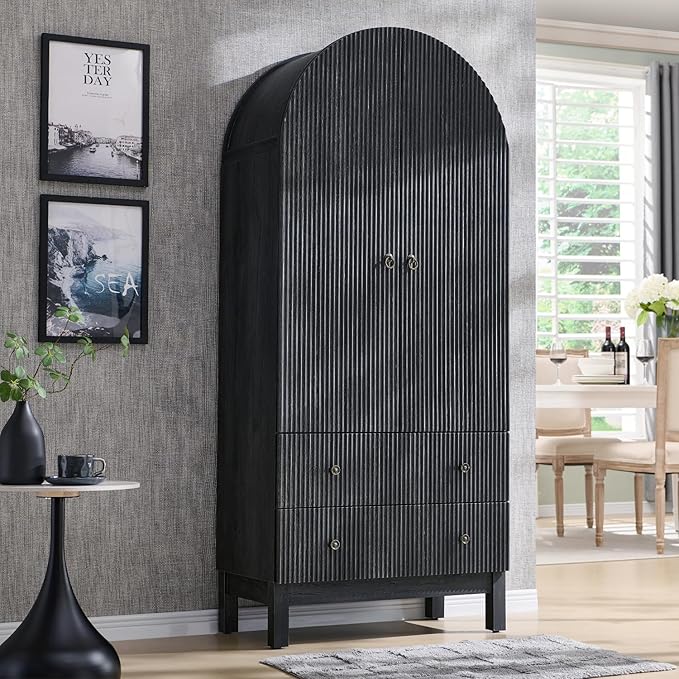 71" Tall Arched Bathroom Storage Cabinet, Modern Fluted Cabinet Storage with 4 Shlves and 2 Drawers, Floor Cabinet for Bathroom, Living Room, Kitchen, Dark Gray