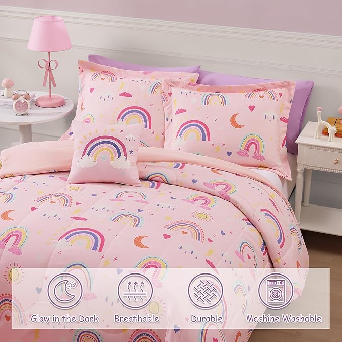 Glow in The Dark Kids Comforter Set Full Size for Girls, Pink Rainbow Bedding Set 1 Comforter, 1 Decor Pillow, 2 Pillow Shams