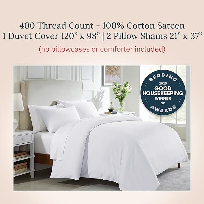 California Design Den 3 Pc Oversized King Duvet Cover Set - Winner Good Housekeeping Best Bedding Awards 2025, 400 Thread Count Sateen, 100% Cotton Duvet Cover Set, Button Closure, Corner Ties - White