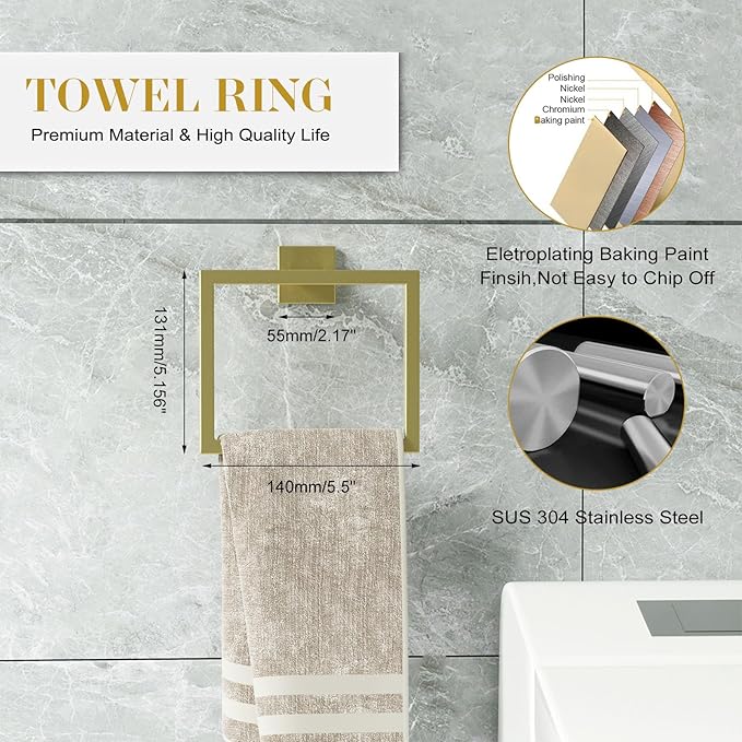 Bathroom Accessory Towel Bar Set: 5 Pieces Gold Bathroom Hardware Square SUS304 Stainless Steel - 24 Inch Wall Mounted Towel Rack&Toilet Paper Holder&Towel Ring and Towel Hook