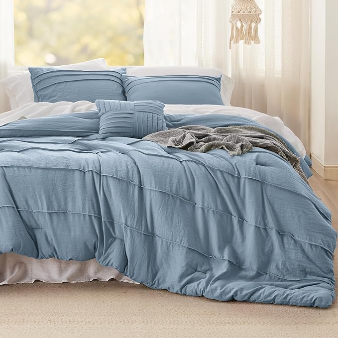 Bedsure California King Comforter Set - 4 Pieces Pinch Pleat Bed Set, Light Blue Boho Bedding for All Season, 1 Soft Comforter, 2 Pillowcases, 1 Decorative Pillow