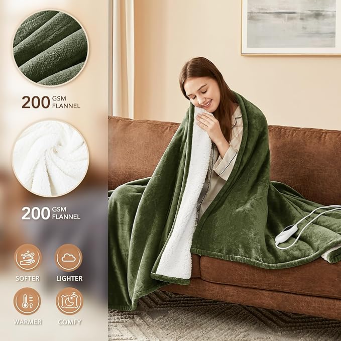 Homemate Electric Heated Blanket Twin Size - 62"x84" Heating Blanket Twin Size 1/2/4/6/8 Hours Auto-Off 10 Heat Level Over-Heat Protection Flannel Sherpa ETL Certification
