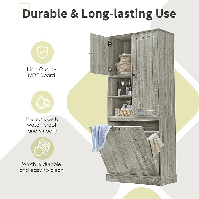 Tall Storage Cabinet with Adjustable Shelves & Flip-Out Basket, MDF Material with Aluminum Alloy Handles, Large Capacity for Bathroom, Kitchen, Living Room, Office Organizer, Oak