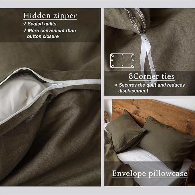 XZ XIFA Olive Green 100% Linen Queen Size Bedding Set, Cooling Duvet Cover with Natural Washed French Flax，Soft,Breathable,Textured,Fluffy Duvet Cover (1 Duvet Cover,2 Pillow Shams)