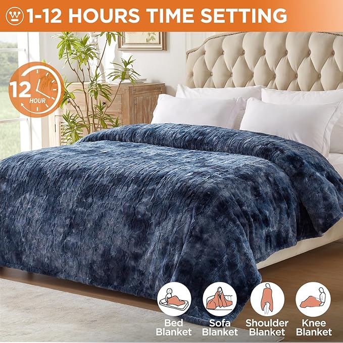 Westinghouse Electric Blanket Queen, Faux Fur Heated Blanket with 10 Heating Levels & 1-12 Hours Auto Off, Soft Cozy Sherpa Heated Blanket Washable Blanket (84" x 90" Queen Size, Indigo)