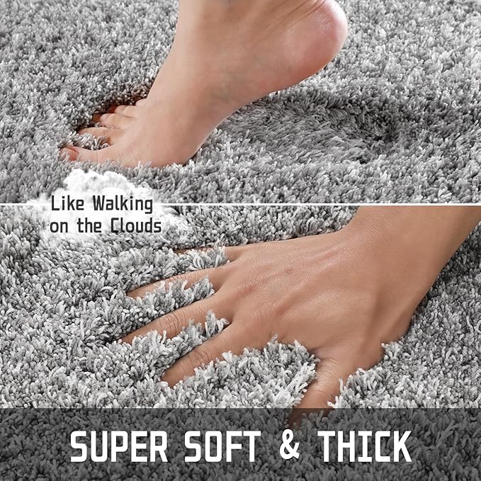 Yimobra Luxury Bathroom Rugs, Fluffy Bath Mats, Non Slip, Water Absorbent Microfiber, Machine Washable, Plush Runner Shower Rugs, Thick Matts for Bathroom Floor&Tub, 60"x 24", Light Gray and White