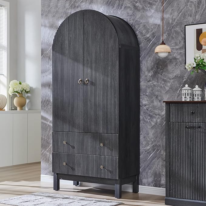 71" Tall Arched Bathroom Storage Cabinet, Modern Fluted Cabinet Storage with 4 Shlves and 2 Drawers, Floor Cabinet for Bathroom, Living Room, Kitchen, Dark Gray