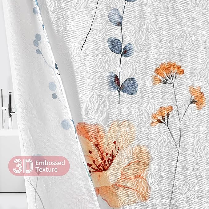 QiyI Extra Long Shower Curtain 72 x 84, Modern Watercolor Floral Bath Curtain, 3D Embossed Texture Peach Pink Flower Cloth Bathroom Curtains, Waterproof Fabric Farmhouse Shower Curtain Set with Hooks