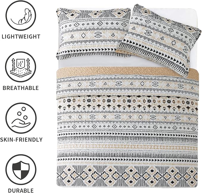 BEDIFANY Boho Quilt Bedding Set, 3 Pieces Stripe Queen Bedspread Lightweight Boho Queen Quilt, All-Season Bed Spread Coverlet Set for Bed Decoration