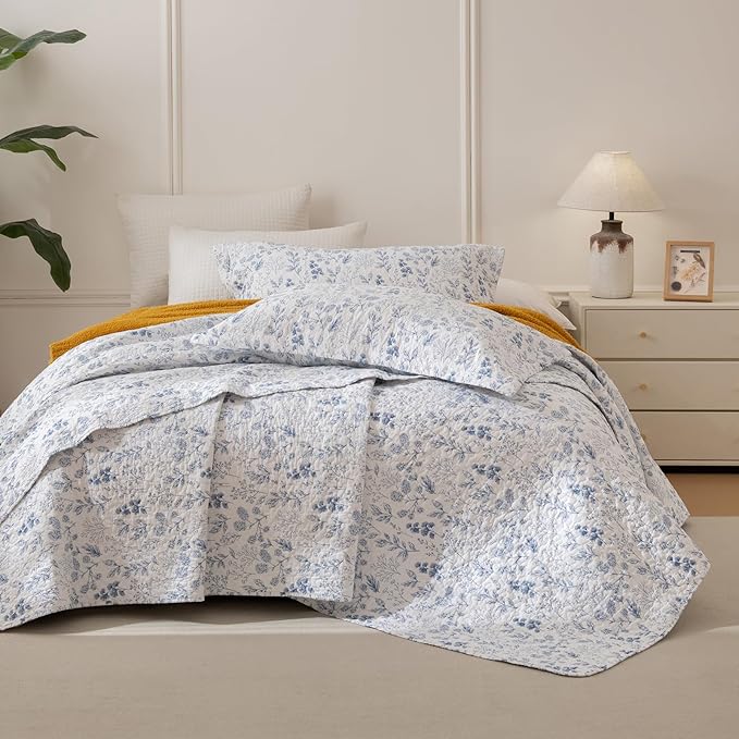 Lady Ann Cotton Quilt Sets King Size - Blue and White Floral & Leaves Pattern Botanical Printed Quilted Bedding, 3 Pcs Lightweight Soft Bedspread Sets King Coverlet for All Season