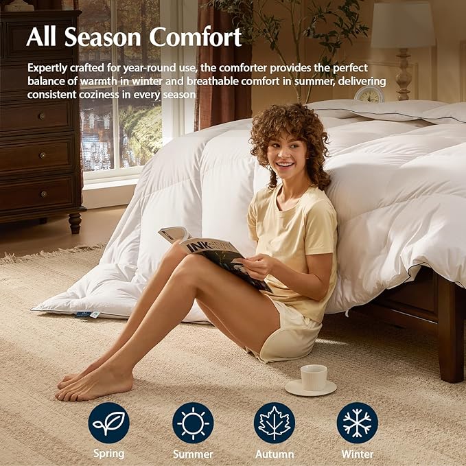 PACIFIC COAST Down Comforters King Size, 100% Cotton Duvet Insert, Extra Fluffy White Comforter, Ultra-Soft, Breathable, All Season Hotel Luxury Bedding Comforters, 8 Corner & Center Loops (106"x90")