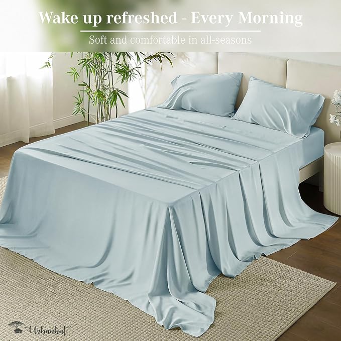 URBANHUT 1000 Thread Count Queen Sheet Set Egyptian Cotton, Long Staple Soft & Breathable, 4 Pc Bed Sheet Sets, Luxury Hotel Sateen Sheets Fits 16" Deep Pocket - Light Blue