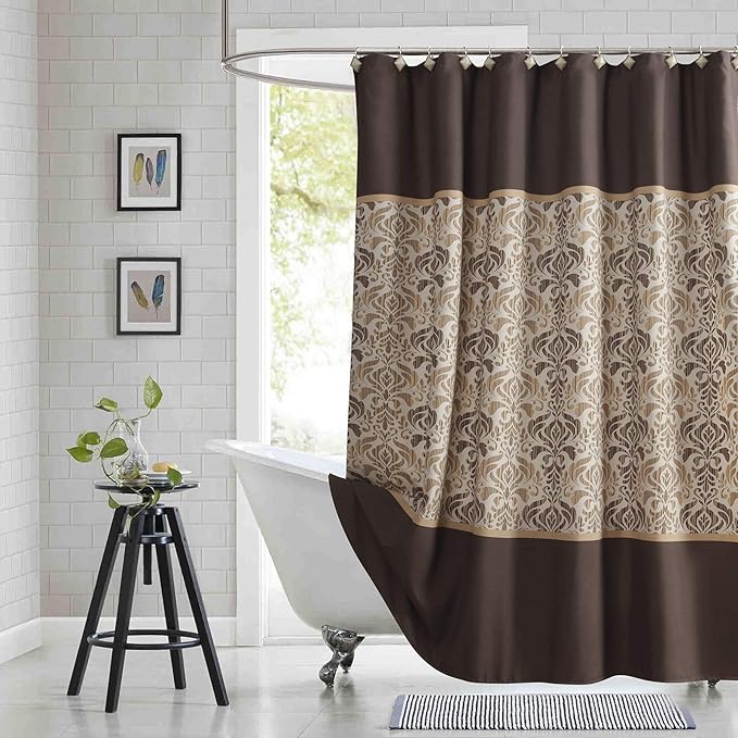 Brown Fabric Shower Curtain, Tan and Golden Printed Boho Paisley Damask Pattern Shower Curtains for Bathroom, Waterproof Bathroom Curtains, 72" W x 72" H