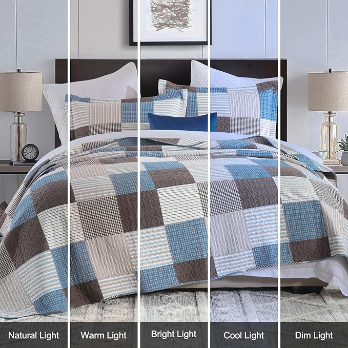 Uniclinens Plaid Quilt Set King Size, 100% Cotton Patchwork Quilt Bedding Set Bedspreads, Farmhouse Lightweight Comforter Quilted Quilt, 3 Pieces Set with 2 Pillowshams, Blue/Brown/White
