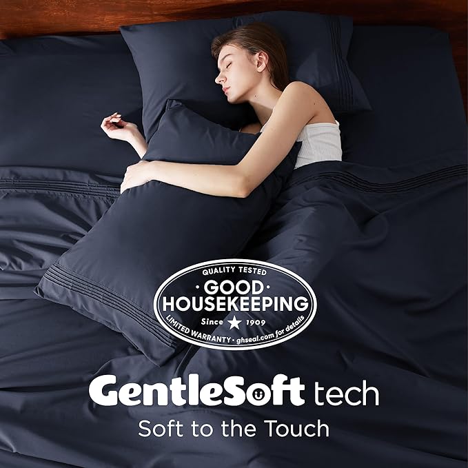 Bedsure Deep Pocket Queen Sheets Set - Fits Mattresses Up to 21 Inches Thick - 4 Piece GentleSoft Bed Sheets, Moisture Wicking, Soft & Cooling Bedsheet & Pillowcases, Easy & Secure Fit, Navy