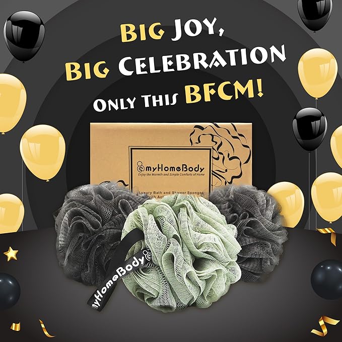 myHomeBody Large 70g Loofah Sponge, Bath Body Scrubber for Women, Men, Exfoliating Shower Pouf with Activated Charcoal - 2 Graphite Gray + 1 Sage Green, 3 Pack