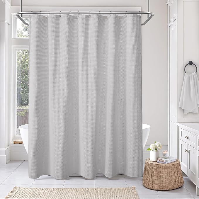 Waffle Weave Shower Curtain - Light Grey Cotton Fabric Texture Heavyweight Shower Curtain for Bathroom,Washable,72Wx78L