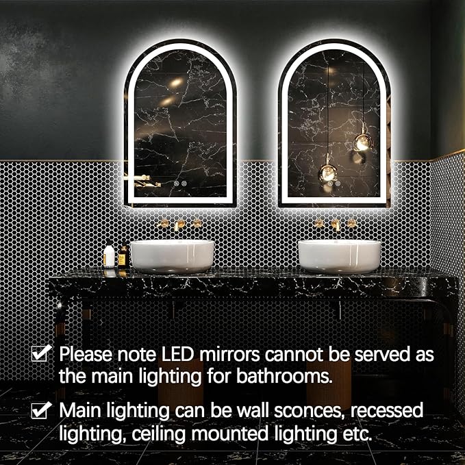Niccy Arched LED Bathroom Mirror, 36x24 Arch Wall Mounted Frameless Bathroom Mirror for Vanity, Smart Lighted Frontlit Mirrors with Memory Function for Bathroom Bedroom Beauty Hair Salon