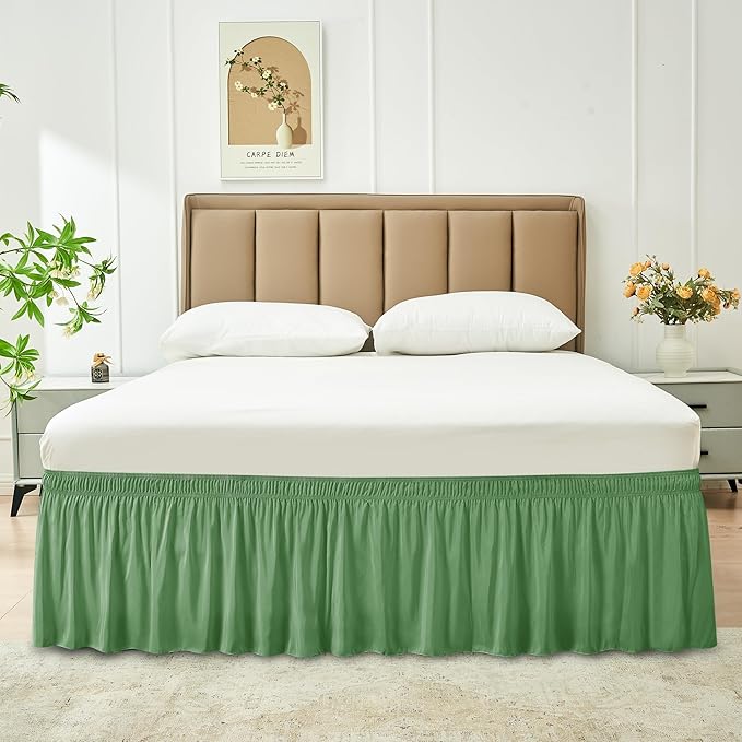 Biscaynebay Wrap Around Bed Skirts for King & Cal King Beds 15" Drop, Sage Adjustable Elastic Dust Ruffles Easy Fit Wrinkle & Fade Resistant Silky Luxurious Fabric Machine Washable