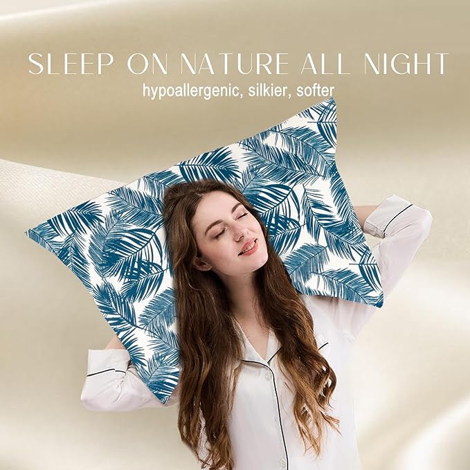 ZIMASILK 100% Pure Mulberry Silk Pillowcase for Hair and Skin Health,Both Sides 19 Momme Silk Floral Print,1pc(Queen 20''x30'',Blue Leaves)