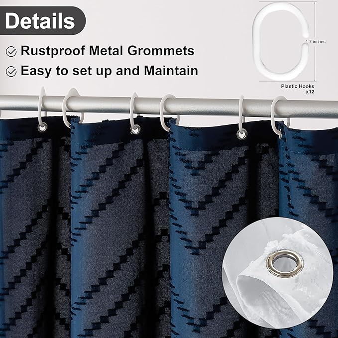 Extra Long Boho Navy Blue Shower Curtain, Woven Fabric Shower Curtain, Tufted Chevron Striped, 72 x 78, Modern Chic Textured Minimalist Bathroom Cloth Shower Curtains