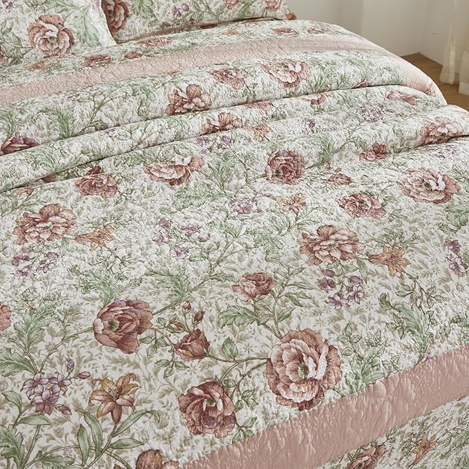 Brandeam Queen Size Quilt Set Cotton Pink Floral Quilts Country Rustic Patchwork Quilts Lightweight Summer Bedspread 3-Piece