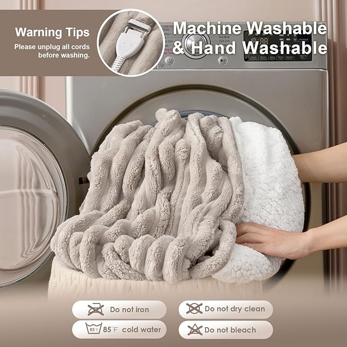 Hansleep Heated Blanket Queen Size Electric Throw Dual Control, Heating Blanket with 9 Heating Levels and 10-Hour Timer Auto Shut Off, Washable Soft Warm Winter Blanket, 80 x 90 Inches, Linen