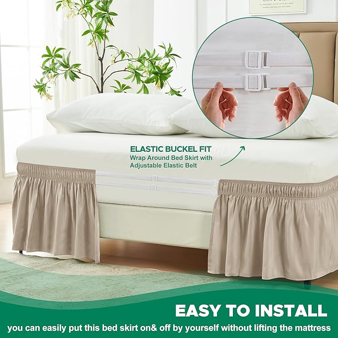 Biscaynebay Wrap Around Bed Skirts for Full & Full XL Beds 19" Long Drop, Light Camel Adjustable Elastic Dust Ruffles Easy Fit Wrinkle & Fade Resistant Silky Luxurious Fabric Solid Machine Washable