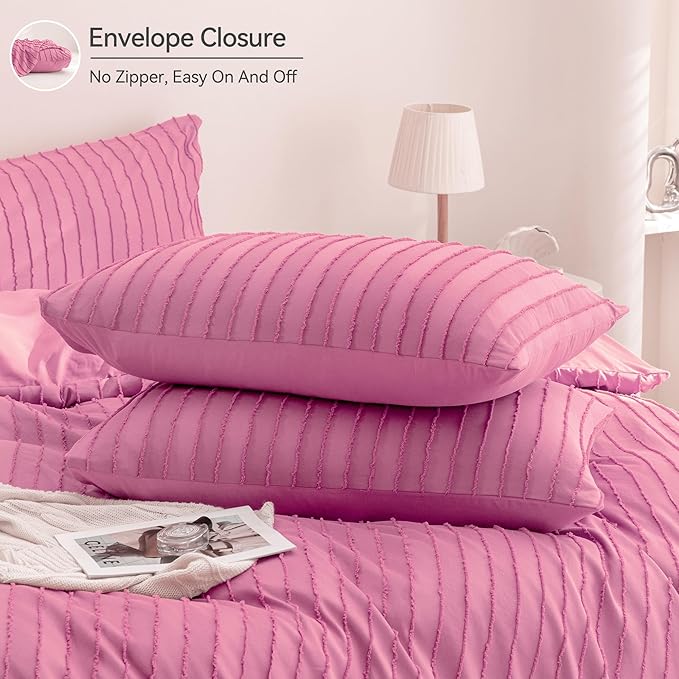 JELLYMONI Duvet Cover King Size Bright Pink - 3PCS Boho Striped Duvet Cover Set Polyester Tufted Bohemian Textured Comforter Cover with Corner Ties & Zipper Closure