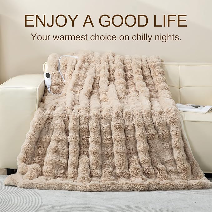 Faux Rabbit Fur Electric Blanket Throw 51"x63" – Heated Blanket with 5 Heat Levels 86°F–158°F, Digital Display & 2/4/8H Timer, Fast Heating, Machine Washable Bubble Plush Crystal Velvet Heating Throw