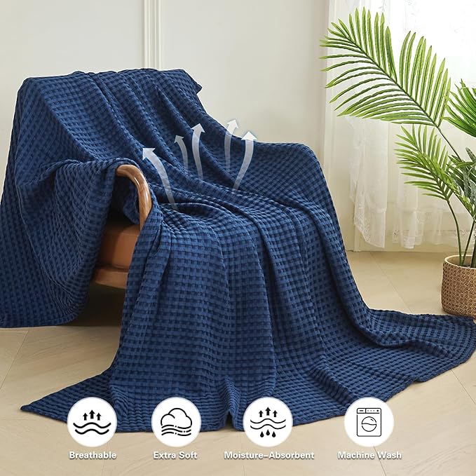 Aganear Waffle Blanket - Lightweight Breathable Summer Blanket of 50% Cotton and 50% Rayon Derived from Bamboo for Hot Sleepers Luxury Throws for Bed, Couch and Sofa,Navy,104x90 Inches