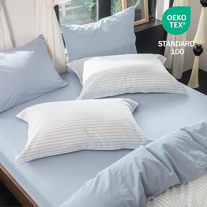 Reversible Duvet Cover Set 100% Washed Cotton Sky Blue Stripe Linen Feel Duvet Cover King Size with Zipper Closure & 2 Pillow Shams,Sky Blue/White Stripe Reverse Solid Sky Blue