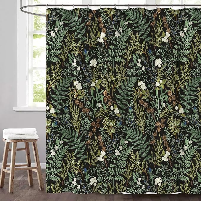 Black Green Vintage Shower Curtain NatureFloral Herbs and Botanical Plants Maximalist Bathroom Decor Dark Cottagecore Shower Curtain Sets 72Wx72H Waterproof Polyester