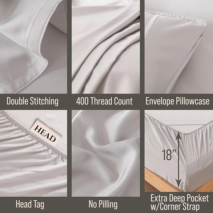 Bella Coterie Luxury Bamboo Viscose Queen Size Sheet Set | 100% Organically Grown | Ultra Soft | Cooling for Hot Sleepers | 18" Deep Pocket [Grey Mist]