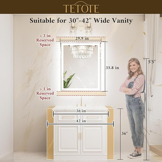 TETOTE Led Bathroom Mirror 30 x 36 Inch, Beveled Lighted Bathroom Vanity Frameless Mirror with Extra-Bright Lights, Frontlit & Backlit, Defogging, 3-Color Dimmable, Tempered Glass, Waterproof