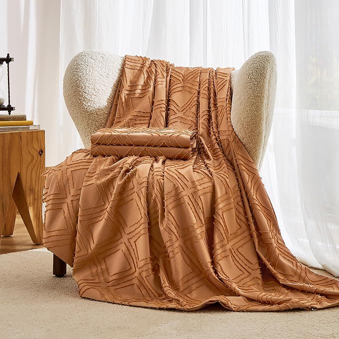 JELLYMONI Duvet Cover Full Size Rust - 3PCS Boho Duvet Cover Set Plaid Polyester Tufted Bohemian Jacquard Knit Textured Comforter Cover 80×90in Rhombic Geometric Pattern Corner Ties & Zipper
