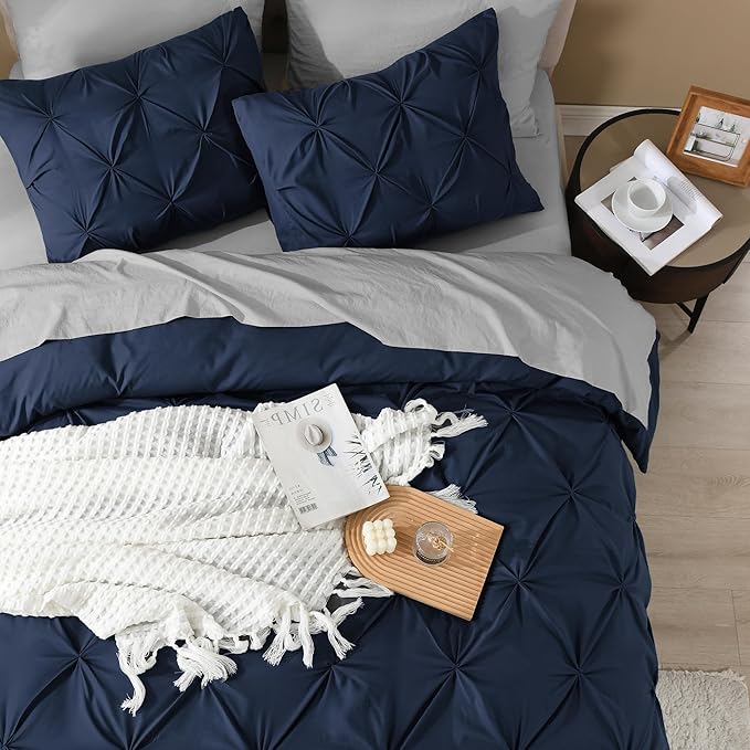 Litanika Navy Blue California King Pinch Pleat Duvet Cover, 3 Pieces Pintuck Cover Soft Microfiber Bedding Set with Zipper Closure & Corner Ties(1 Duvet Cover, 2 Pillowcases)