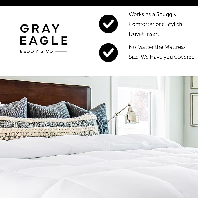 Gray Eagle Oversized Queen Comforter, White, All Season Down Alternative Comforter Queen, Extra Large Queen Comforter, Oversized Queen Duvet Insert, Fluffy Hotel Comforter, 104 x 98 inches
