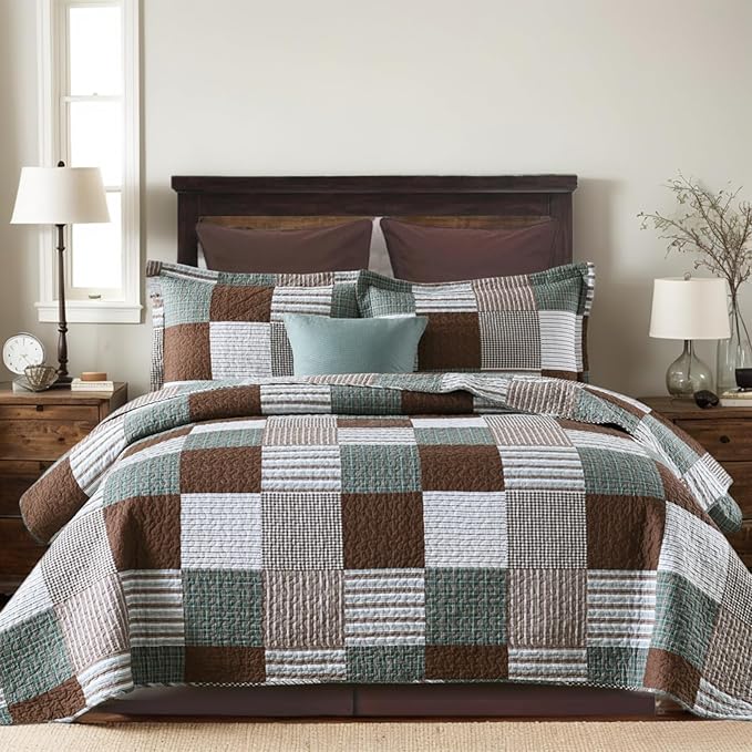 KALOOLA Plaid Queen Size Quilt Set, 100% Cotton Lightweight Quilted Bedspread with 2 Pillowshams for Queen Bed, Farmhouse Printed Bedding Set Coverlet for All Season, 3 Pieces, Brown/Green