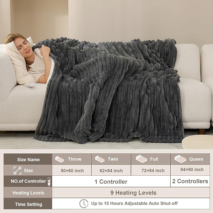 Hansleep Heated Blanket Electric Blanket Twin, Heating Throw with 9 Heating Levels and 10-Hour Timer Auto Shut Off, Washable Soft Warm Winter Blanket, 62 x 84 Inches, Dark Grey