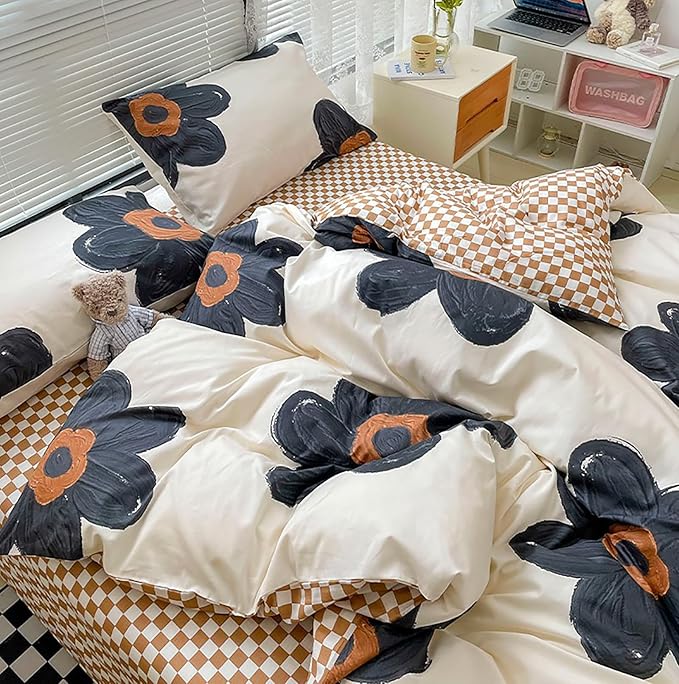 Cottonight Black Sunflower Comforter Set Queen Beige Black Floral Bedding Comforter Set Big Flower Botanical Quilts Boho Blankets Cute Elegant Bedding Set for Women Girls Queen Bed
